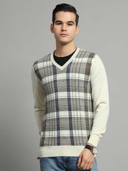 Monte Carlo - Off White Checkered V Neck Full Sleeve Sweater