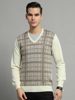 Monte Carlo - Cream Checkered V Neck Full Sleeve Sweater