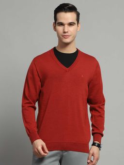 Monte Carlo - Rust Solid V Neck Full Sleeve Sweater