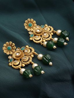 PANASH - Gold-Plated Green Pearls and Stone Handcrafted Drop Earrings
