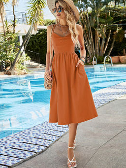 Outzidr - Orange Solid A-Line Dress