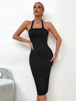 Outzidr - Black Solid Bodycon Dress