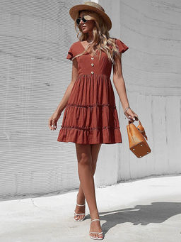 Outzidr - Brown Solid Flared Dress