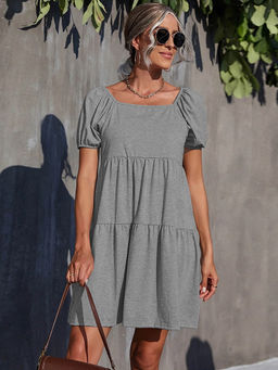 Outzidr - Grey Solid Flared Dress