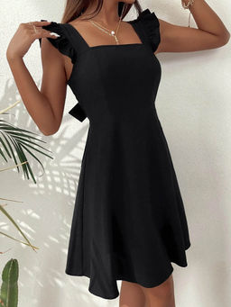 Outzidr - Black Solid A-Line Dress