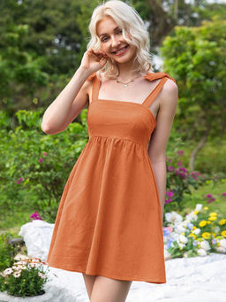Outzidr - Orange Solid A-Line Dress