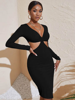 Outzidr - Black Solid Bodycon Dress