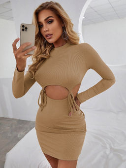 Outzidr - Khaki Solid Bodycon Dress