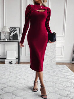 Outzidr - Wine Solid Bodycon Dress