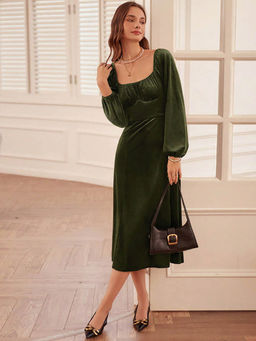 Outzidr - Olive Solid Flared Dress