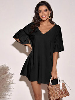 Outzidr - Black Solid A-Line Dress