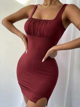 Outzidr - Wine Solid Bodycon Dress