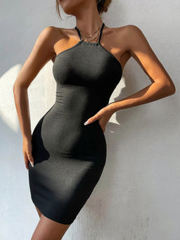 Outzidr - Black Solid Bodycon Dress