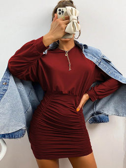 Outzidr - Burgundy Solid Bodycon Dress