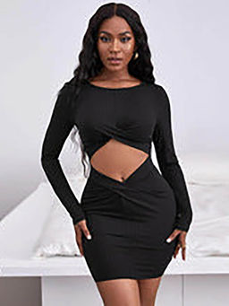 Outzidr - Black Solid Bodycon Dress