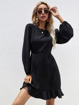Outzidr - Black Solid A-Line Dress