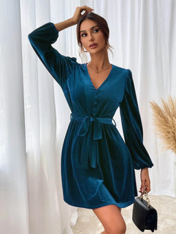 Outzidr - Blue Solid A-Line Dress with Belt