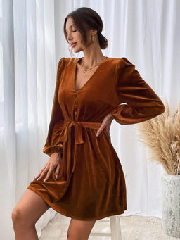 Outzidr - Brown Solid A-Line Dress with Belt