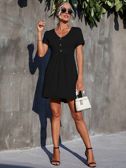 Outzidr - Black Solid A-Line Dress