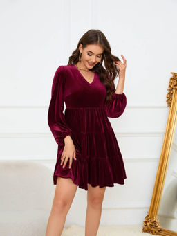 Outzidr - Wine Solid Flared Dress