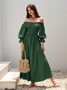 Outzidr - Green Solid A-Line Dress