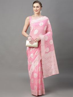 Akhilam - Womens Cotton Silk Pink Woven Design Saree with Unstitched Blouse