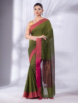 CHARUKRITI - Light Green Pure Cotton Woven Design Soft Saree & Zari Pallu with Unstitched Blouse