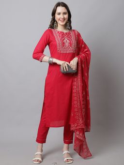 Rajnandini - Womens Pure Cotton Zari Weaving and Embroidered Kurta with Dupatta Pink (Set of 3)