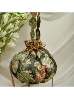 Ozel - Kalamkari Print Embroidered Gol Potli Bag Green