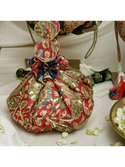 Ozel - Kalamkari Print Embroidered Gol Potli Bag Red