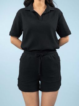 PANGOLIN - Staying In Black Solid Polo Tshirt & Shorts (Set of 2)