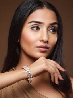 Jazz and Sizzle - Rose Gold-Plated White Crystal Studded Cuff Adjustable Bracelet For Women