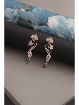 Jazz and Sizzle - Rose Gold And Blue American Diamond Studded Floral Drop Earrings For Women And Girls
