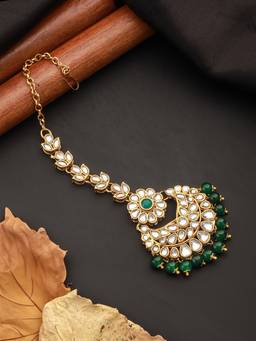 Jazz and Sizzle - Gold-Plated Green Kundan Studded Pearl Beaded Handcrafted Maang Tikka For Women