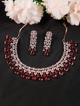 Jazz and Sizzle - Maroon Stone Studded American Diamond Rose Gold Plated Jewellery Set For Women