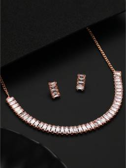 Jazz and Sizzle - Rose-Gold Plated American Diamond White Handcrafted Jewellery Set For Women