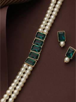 Jazz and Sizzle - Gold-Plated Stone-Green Beaded Adjustable Jewellery Set For Women