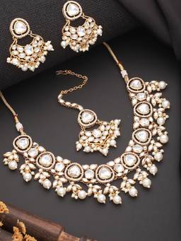 Jazz and Sizzle - Gold Plated Zircon Stone Pearl Beaded White Adjustable Jewellery Set