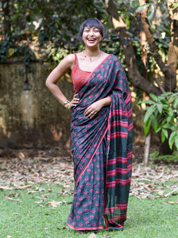 Suta - Navy Blue Floral Printed Pure Cotton Saree