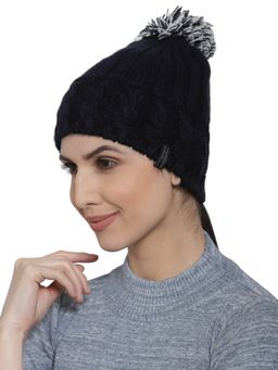 513 - Women Navy Blue White Self Design Acrylic Beanie Cap