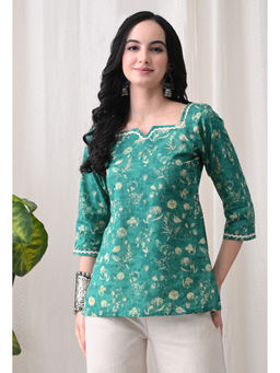 Meera Fab - Floral Print Sweetheart Neck Cotton Kurti