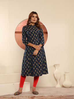 Odette - Navy Blue Cotton Blend Floral Printed Kurta For Women
