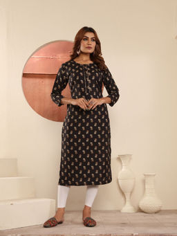 Odette - Black Cotton Blend Floral Printed Kurta For Women