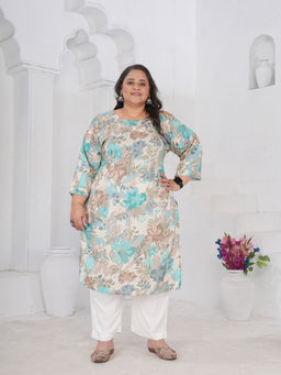 Odette - Off White Cotton Blend Floral Printed Kurta For Women