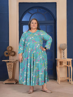 Odette - Blue Cotton Blend Floral Printed Dress For Women
