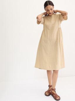 Femmella - Beige Cotton Side Gathers Detail Knee Dress