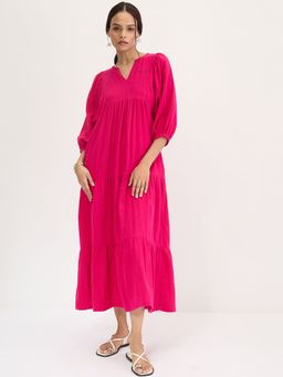 Femmella - Hot Pink Cotton Tiered Midi Dress