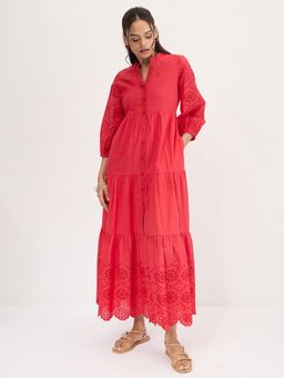 Femmella - Red Cotton Schiffli Tiered Maxi Dress