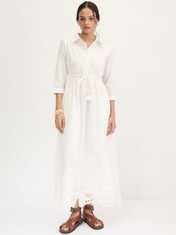 Femmella - White Schiffli Shirt Maxi Dress