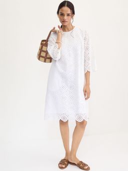 Femmella - White Cotton Schiffli Knee Length Dress